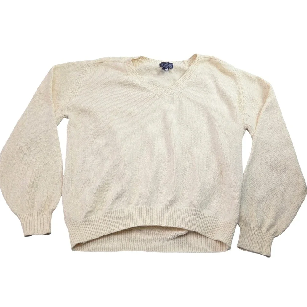 Vintage Lands End Drifter Sweater Mens XL Tall Cream VNeck Shaker Knit USA Made